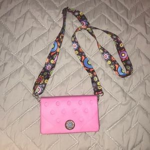 Pink small crossbody purse with multicolor strap